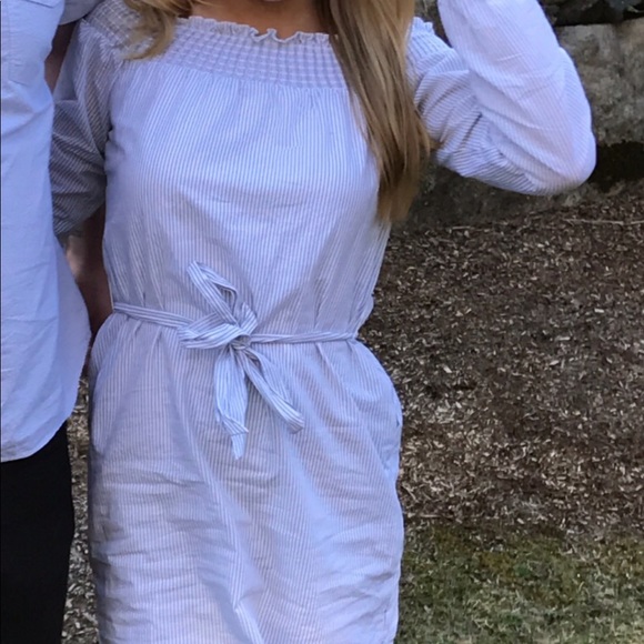 Express Dresses & Skirts - Pale blue & white striped off the shoulder dress